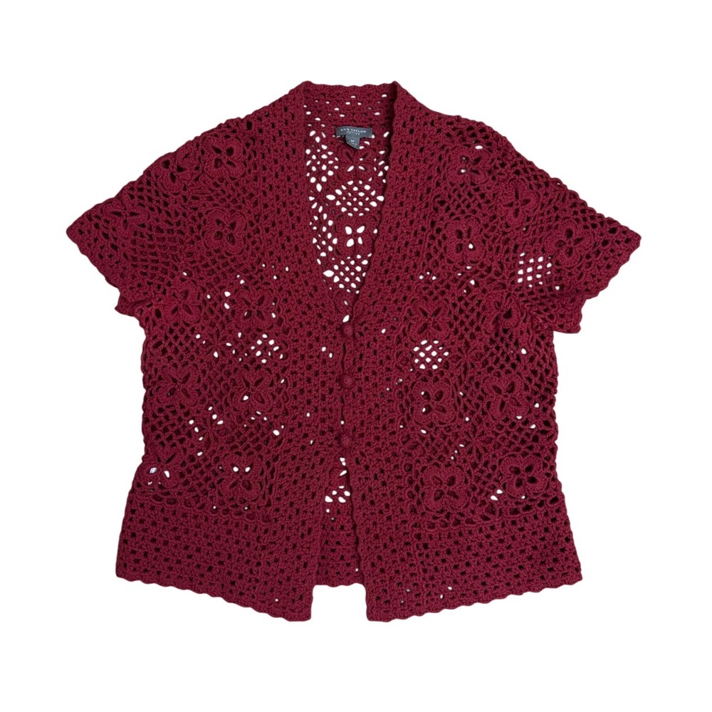 Burgundy Crochet Cardigan Short Sleeve Boho Western Red M boho festival‎